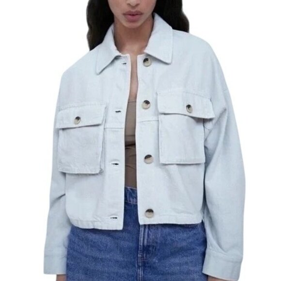 ZARA TRF PALE BLUE Pocket Jacket, size small - Picture 1 of 15